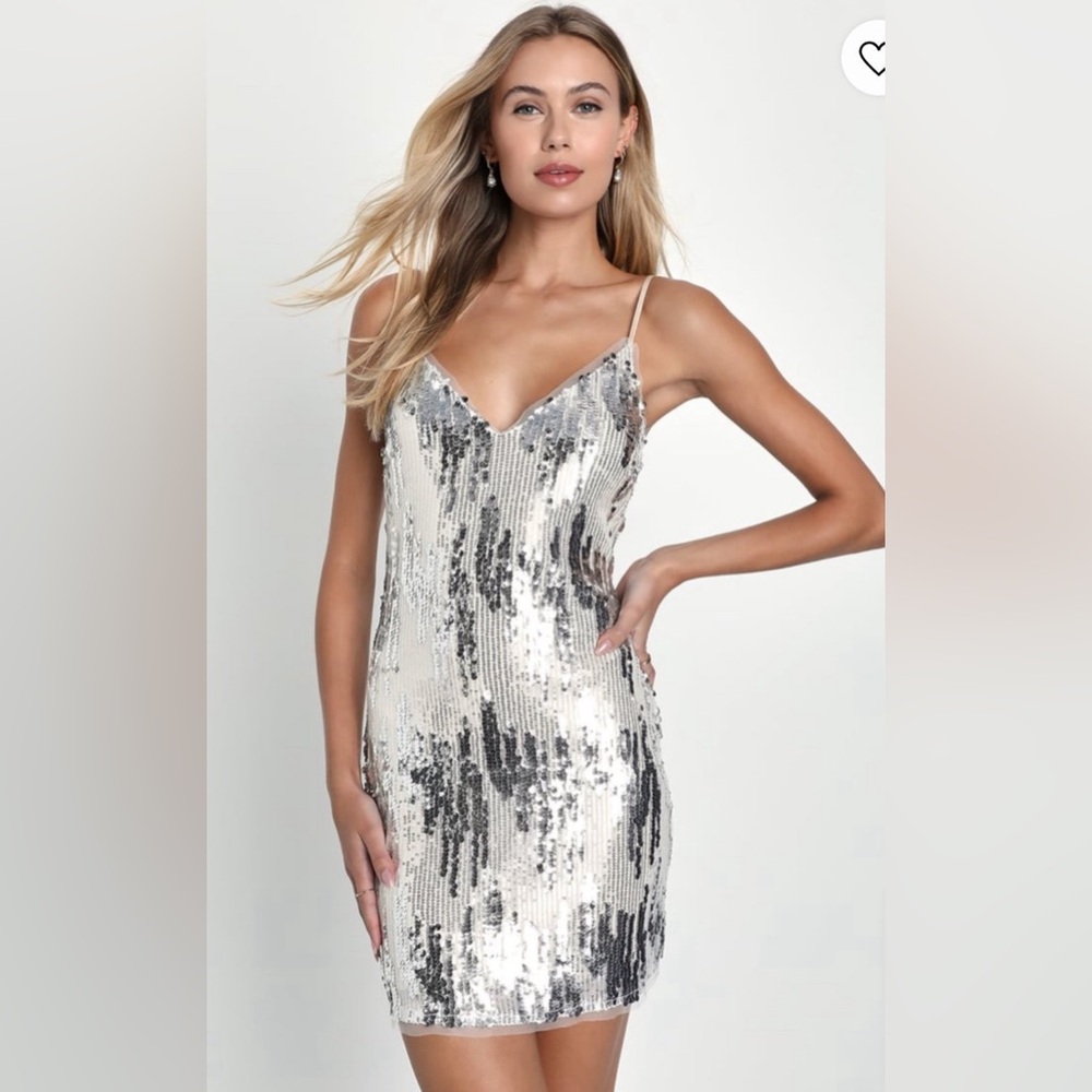 LULUS Beaming Behavior Silver Sequin Sleeveless Bodycon Mini Dress - size M